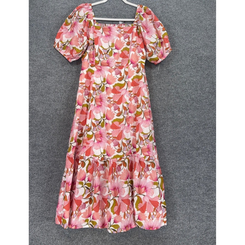 Garnet Hill Maxi Dress Womens XS Pink Floral 100% Linen Puff Sleeve Cottage Core